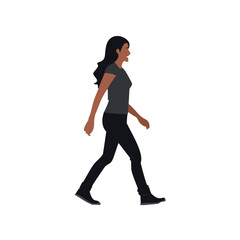 Woman walking side profile dark hair casual outfit