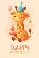 tender unique birthday card for a boy or girl with a cute giraffe in a party hat