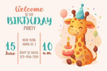 template unique birthday invitation for boy or girl with cute giraffe, cake, balloons