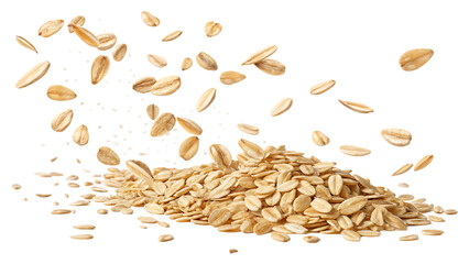  flying oat flakes scattered in the air on white background PNG