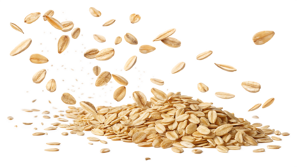  flying oat flakes scattered in the air on white background PNG