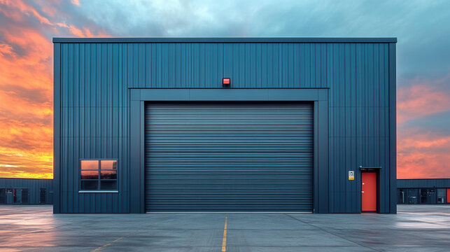 Sleek gray closed storage unit door against soft sky background. Minimalist metal exterior with industrial roller shutter security 