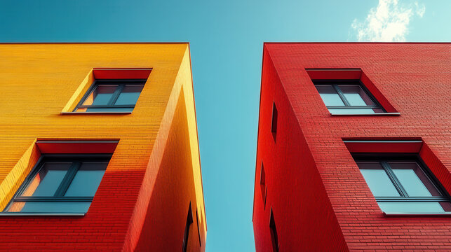 Urban minimalist architecture featuring pair of red brick buildings. Geometric patterns on facades, symmetrical layout, clear blue sky above 