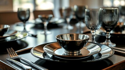 Stylish table arrangement featuring sleek black dishware and crystal goblets, depicting sophistication and elegance for luxury dining or special events. Ideal for showcasing decor and fine dining sett