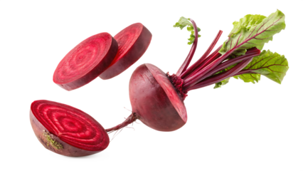 flying red beetroot and half slices isolated on white background PNG