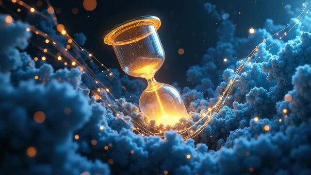 Hourglass surrounded by glowing blue particles.  Golden hourglass sits in cloud of light. Time concept for websites and presentations. Hourglass symbolizes passage of time and ephemerality.