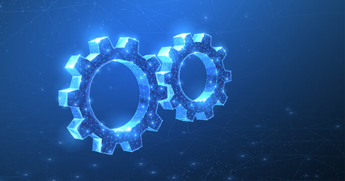 Gears. Abstract vector wireframe two gear 3d modern illustration on dark blue background.