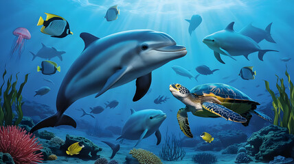 Underwater scene with dolphins turtle jellyfish and various fish swimming in a blue ocean environment