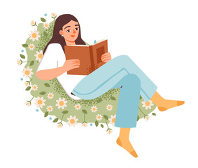 Mindful woman journaling among flowers. Flat vector illustration of a woman reading in calm surroundings. Emphasizes mental wellness, selfcare, and peaceful inspiration.