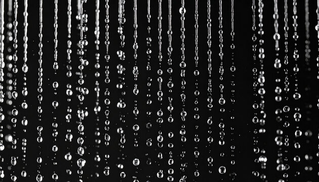 Numerous vertical strings of water droplets cascade down against a stark black background, varying in size and density across the image