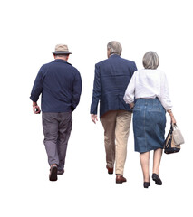 Deux hommes adultes dont un senior et une femme senior vus de dos marchant ensemble, tenues de...