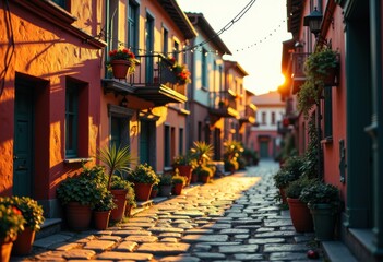 Obraz premium Charming cobblestone street lined with potted plants during sunset in a colorful European town
