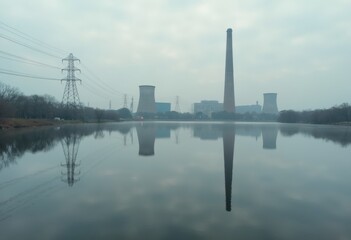 Obraz premium Industrial landscape with cooling towers and power lines reflected in water