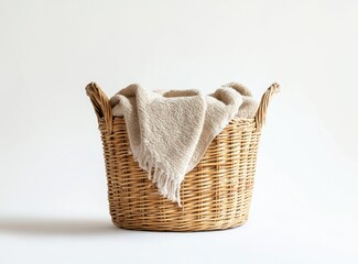 Beige blanket in a wicker laundry basket on white background.