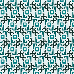 Modern abstract geometric seamless pattern featuring bold, interlocking techno style motifs in teal and black. Perfect for textiles, wallpapers, packaging, and digital backdrops. Trendy design for con