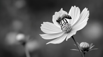 Detailed Monochrome Photo of Bee on Flower