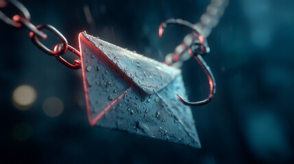 A close up of an email envelope hanging from a metal hook and chain on a dark blue background