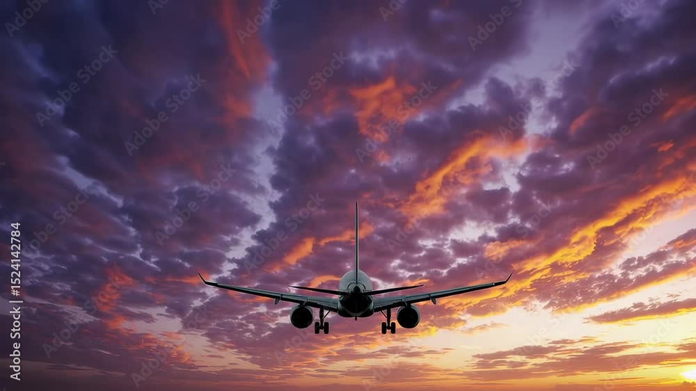 Poster jet plane approaching airport runway for landing, with dramatic sunset cloudscape in the background,