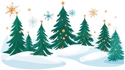 A whimsical winter scene depicts a cluster of evergreen trees adorned with golden ornaments and stars, nestled in snowdrifts against a white background, speckled with snowflakes and celebratory bursts