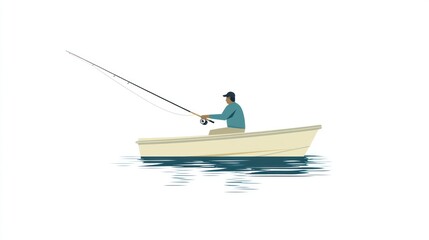 Naklejka premium A lone angler sits in a small, cream-colored boat, casting a fishing rod on calm, dark blue water. The minimalist illustration features a simplified figure and boat, with subtle water reflections