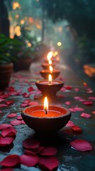 Earthenware Candles Illuminated with Flickering Flames and Scattered Petals