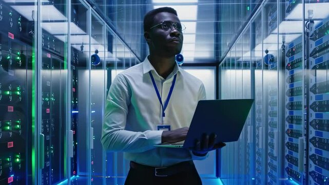 IT engineer managing secure data servers in modern technology environment
