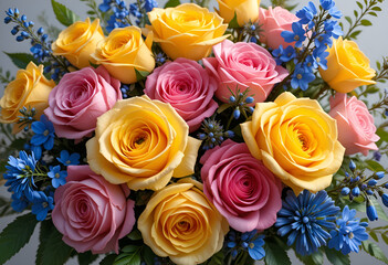 Colorful Rose Bouquet with Blue Flowers