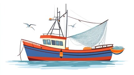 Fototapeta premium A small, red and blue fishing trawler floats gently on calm water, its net partially hoisted, with two seagulls in flight nearby. The vessel displays a simple, functional design