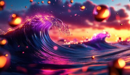 Vibrant, glowing wave crests against a sunset sky, with floating orbs