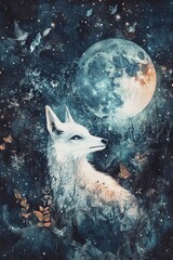 a beautiful animal artwork with stars and the moon soft colours 