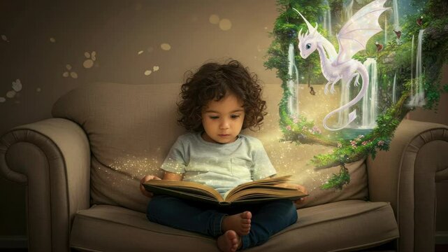 A child engrossed in a book, imagining a fantasy world