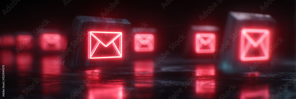 Poster a row of red email icons glowing on cubes with reflections on a dark surface in a blurred background