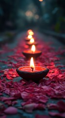 Burning Oil Lamps Illuminated on Surface Covered in Pink Petals Offering Spiritual Light