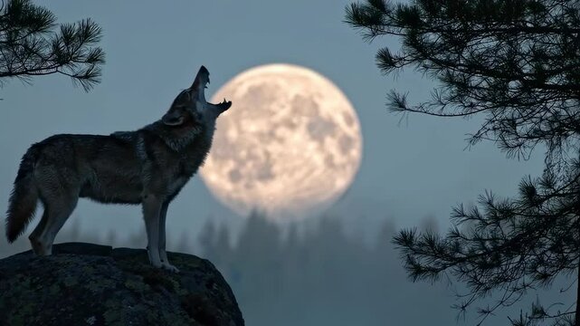 Lone wolf howling on a cliff with full moon in the background
