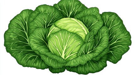 A vibrant green cabbage, depicted in a detailed illustration, showcases tightly overlapping leaves surrounding a pale green heart. 