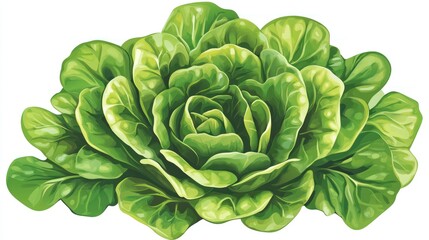 Obraz premium A vibrant illustration of a head of loose-leaf lettuce, showcasing its rich green color and tightly packed, overlapping leaves forming a rosette shape against a white background. 