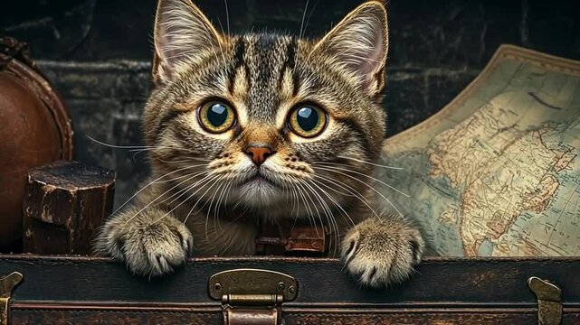 A curious cat peers out of a vintage suitcase, evoking wanderlust.