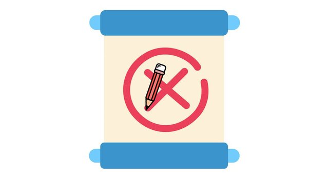 No edit document icon in cartoon animation. Rejected form symbol. Animated restricted writing access sign. Error files scan. Alpha channel.