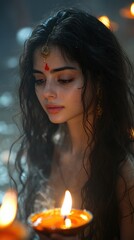 Indian Woman holds a Traditional Oil Lamp for Diwali Festival