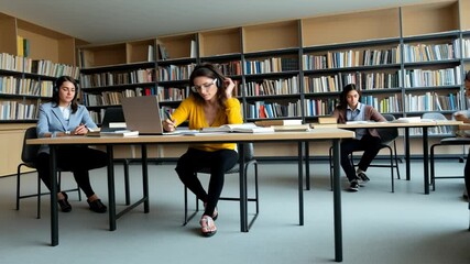 A focused student wears glasses and headphones while taking notes in a library setting. - Powered by Adobe