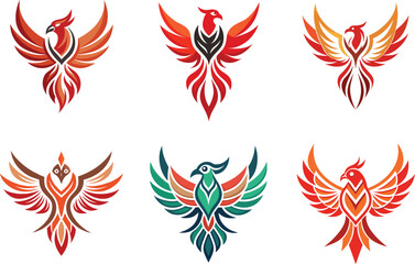 Obraz premium Six stylized Phoenix bird logos perfect for branding design projects needing vibrant avian symbols and scalable graphics
