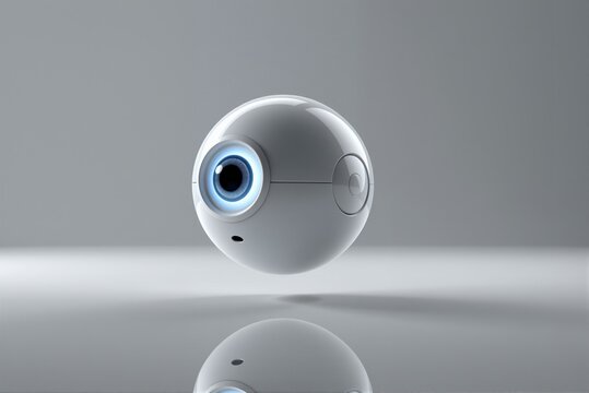 360-degree camera with spherical design and blue lens on gray backdrop  