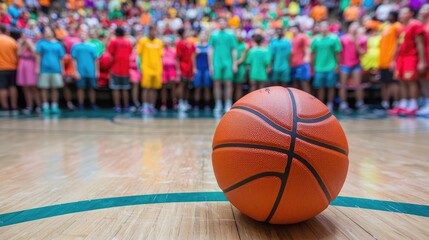 Close-up of basketball on court with blurred crowd in background.