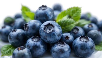 Close-up image of fresh ripe blueberries with green leaves on white background. Perfect for food design, healthy lifestyle, and organic product concepts.