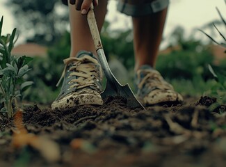 Close-up of child's feet in muddy shoes using a small shovel to cultivate soil in a garden.