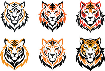 Fototapeta premium Six stylized tiger head designs perfect for logos branding or mascot creation offering diverse color schemes and a powerful aesthetic
