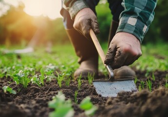 Fototapeta premium Close-up of farmer's hands using a hand tool to cultivate soil amongst young plants in a garden.