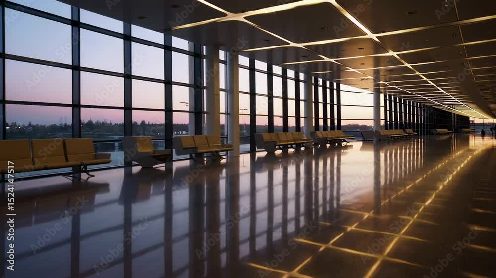 Poster warm sunset light illuminates empty rows of seats in a modern airport waiting area, reflecting on th