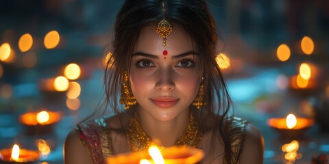 Indian Woman with Traditional Jewelry Holding Lit Oil Lamp for Diwali Celebration