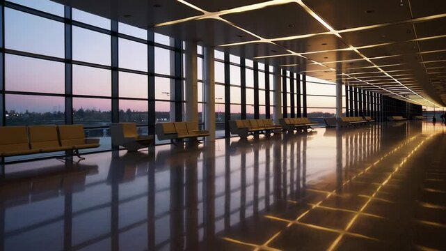 Warm sunset light illuminates empty rows of seats in a modern airport waiting area, reflecting on the polished floor and creating a serene atmosphere